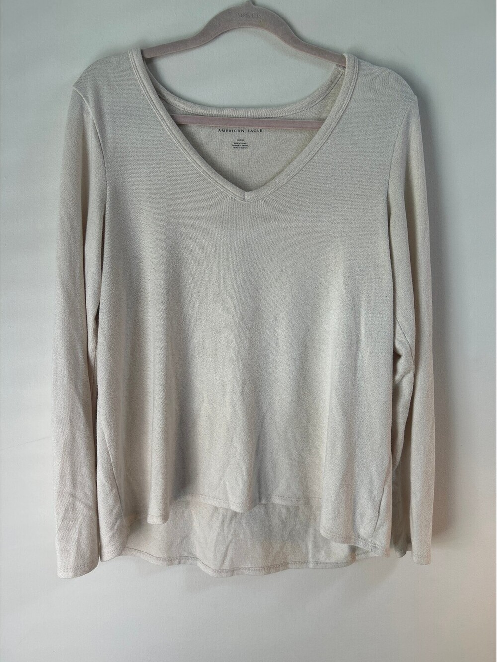 American Eagle Soft Knit V Neck Long Sleeve Top Womens Large Beige Stretch